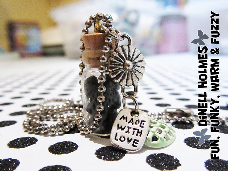 CLEARANCE SALE Jar Of Hearts, BLACK Glass Vial Necklace Vintage Crystal Handmade Jewelry