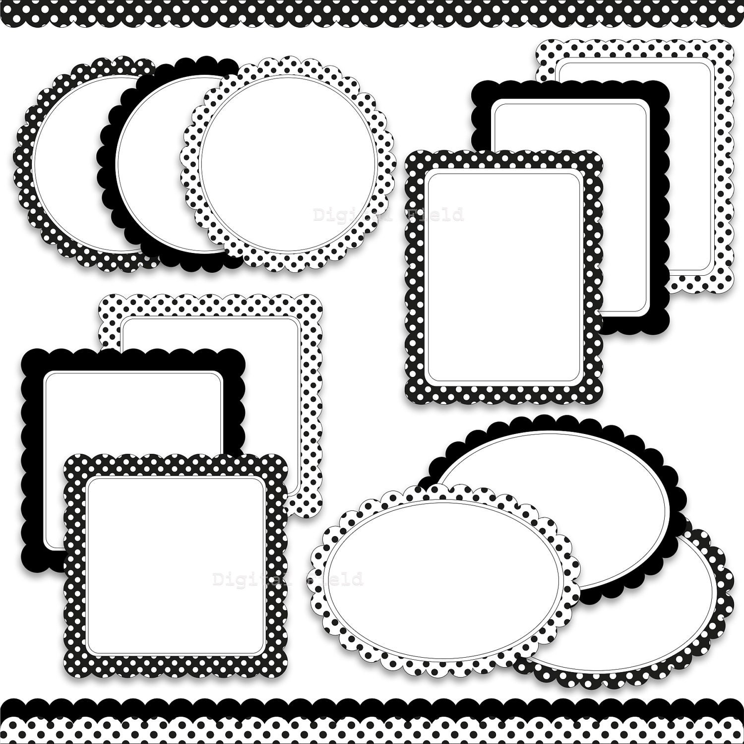 INSTANT DOWNLOAD Digital Scalloped Labels - Frames and Borders Clip Art Set- black and white, polka dot printable digital clipart