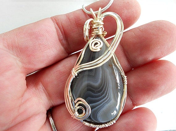 Wire Wrapped Pendant Botswana Agate, Handmade Jewelry