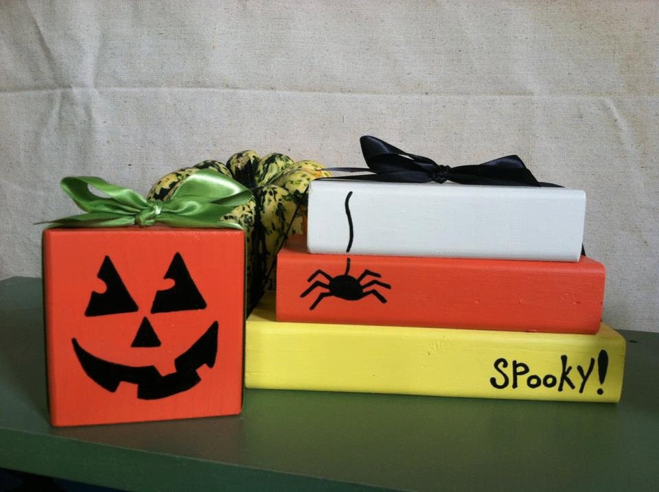 candy corn and pumpkin halloween decor wooden block sets