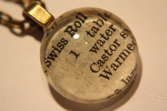 Swiss Roll Necklace (bronze) - With Vintage 1940s baking instruction for a Jam Swiss Roll - For a baking fan