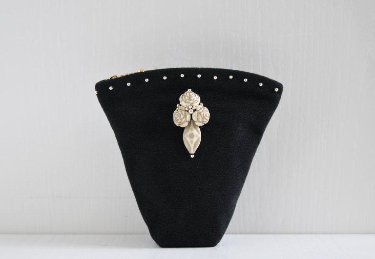 Roses Vase Clutch, small black purse, roses beaded formal handbag
