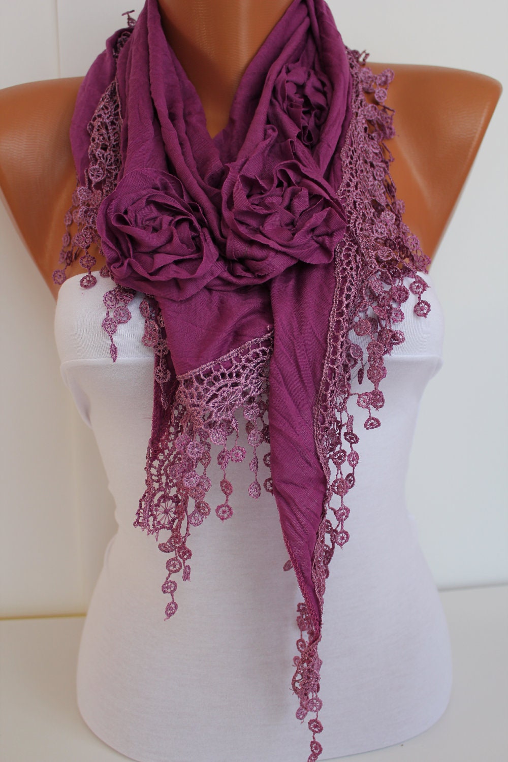 Purple Rose Cotton Shawl/ Scarf - Headband -Cowl with Lace Edge - Summer Trends