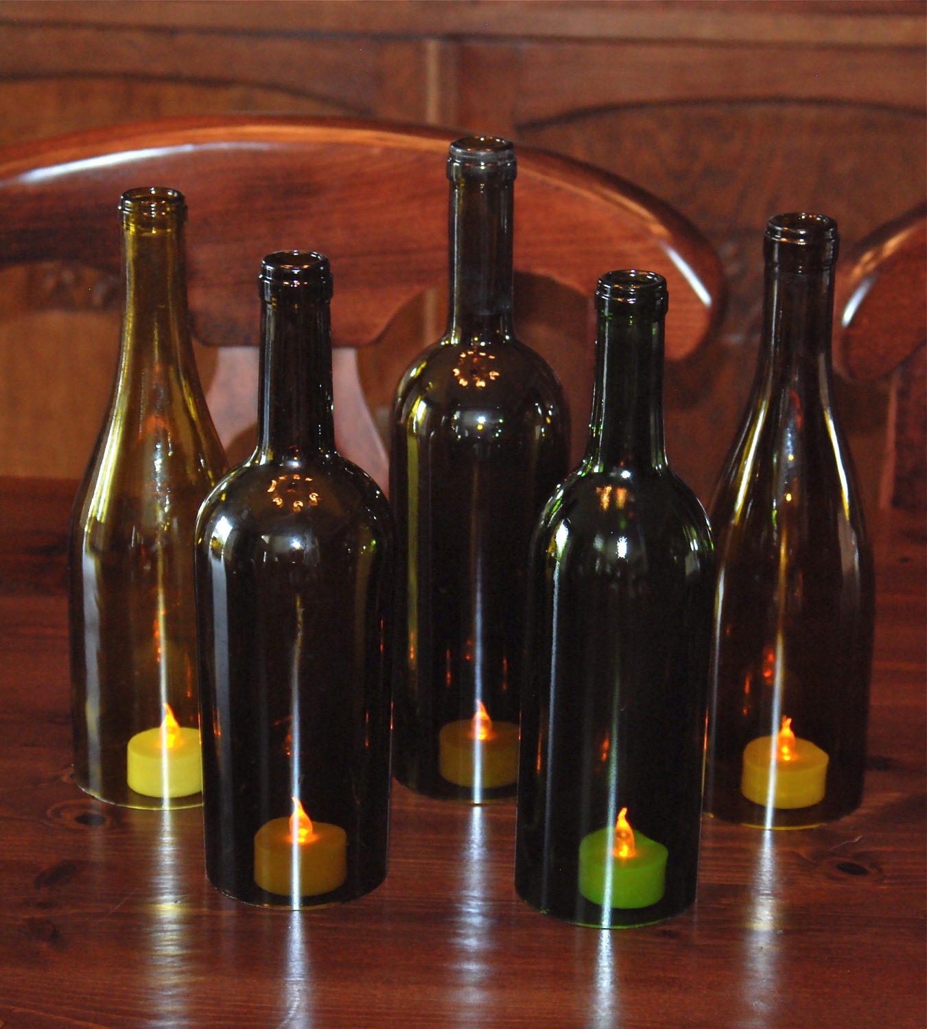 Set of 5 Hand Cut Wine Bottle Hurricane Candles- Perfect for a  Wedding