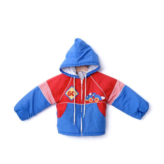 Vintage Jacket Hooded in Red White and Blue Race Car Theme