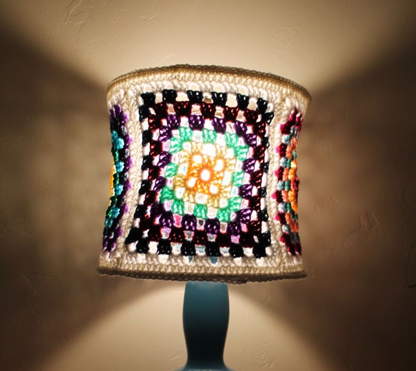Bohemian Lamp Shade Colorful Purple Blue Pink White Yellow Crochet Granny Square Unique Lighting Home Decor