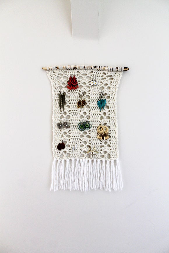 Boho Earring Holder-Crochet Hipster Knit Jewelry Organizer- Earring Display-Earring Hanger- Housewares- Wall Hanging-