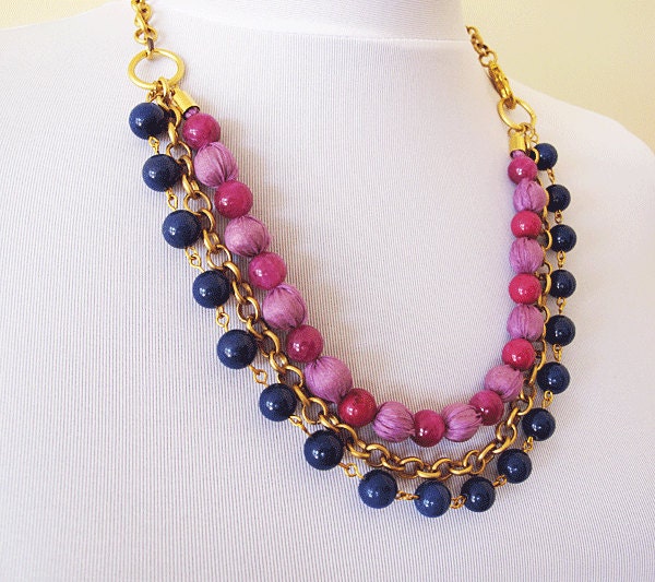 Chunky layered necklace-dark blue lapis lazuli -pink jade, lilac necklace-trend in autumn-fashion necklace