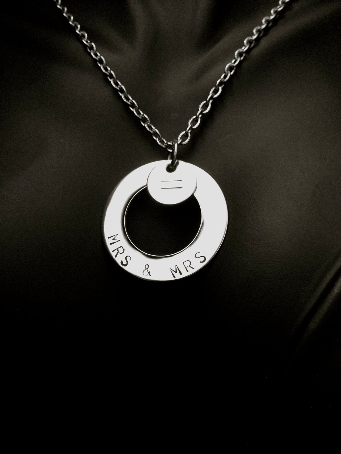 Mrs and Mrs Hand Stamped Circle Necklace with Equal Sign