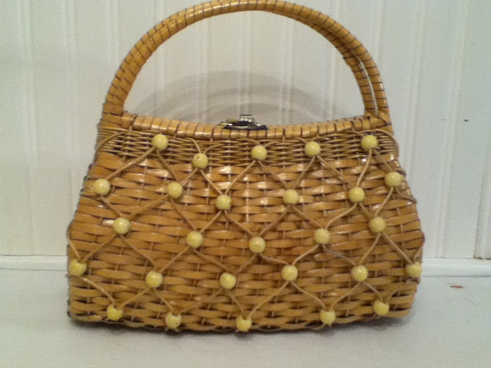 Vintage, Wicker, Woven, Beaded Purse, Retro Purse, Vintage Handbag, Vintage Brown Handbag, Vintage Purse