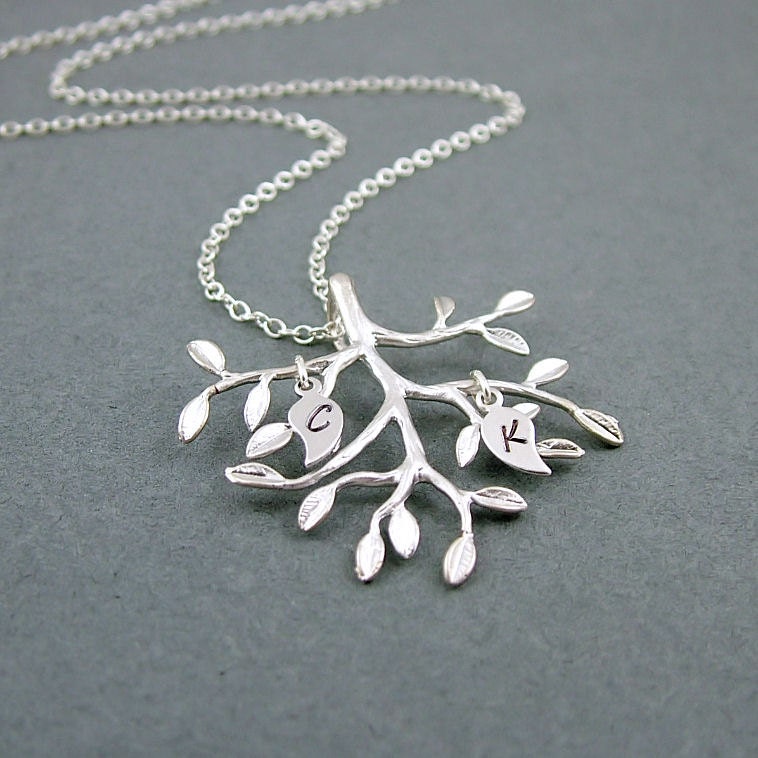 Silver Tree Necklace, Two Custom Initials, Sterling Silver Chain, Tree Pendant, Personalized Necklace, Family Tree