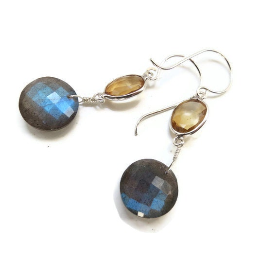 Labradorite and Citrine Sterling Silver Dangle Earrings ... Autumn Poetry OOAK