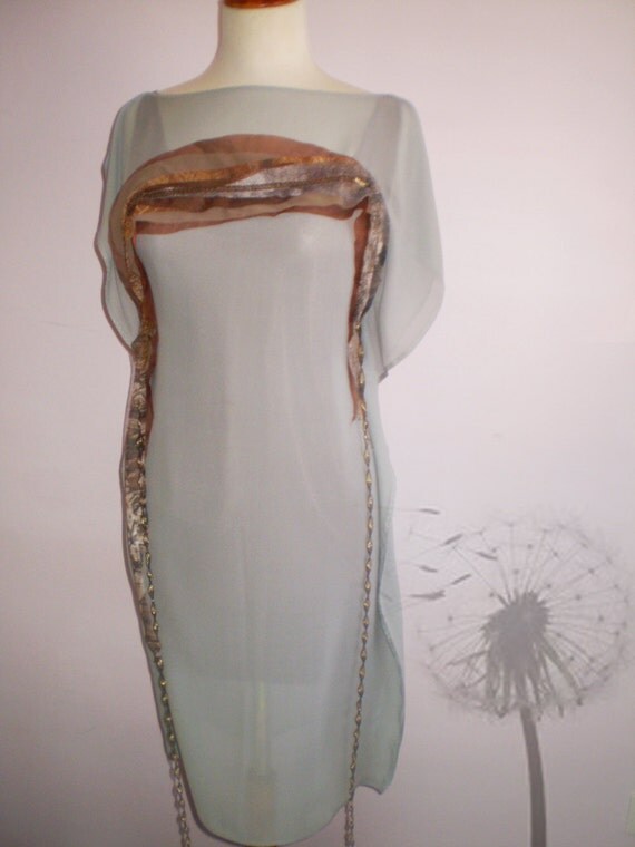 Grey silk dress with brown detail