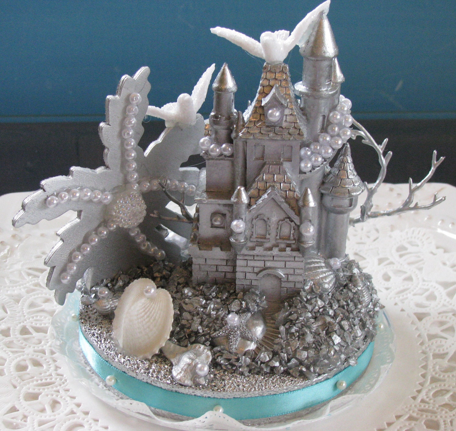 Silver Sandcastle Quinceanera Cake Topper - Palm Tree  Cake Topper - Seashell Wedding/Quinceanera Cake Topper