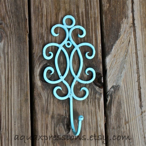 Wall Hook Hanger, Aqua Blue ,Ornate, Bright Single Hook, Shabby Chic, Painted Metal, Nursery Decor, Jewelry Accessory