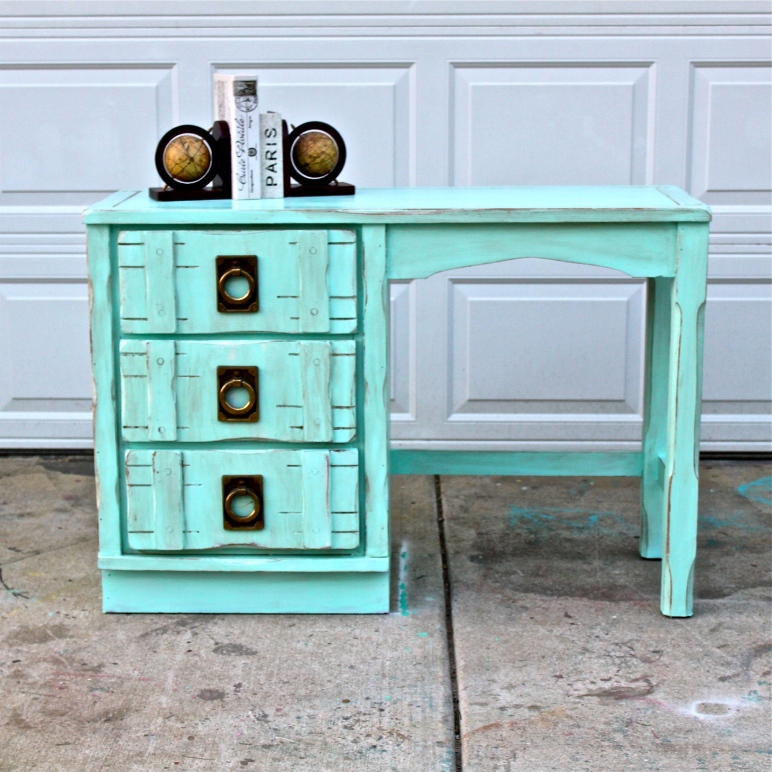 Aqua Blue Vintage Desk/ Brown Glaze /VintageHardware /Bedroom Furniture/ TV Stand/ Storage/ Distressed