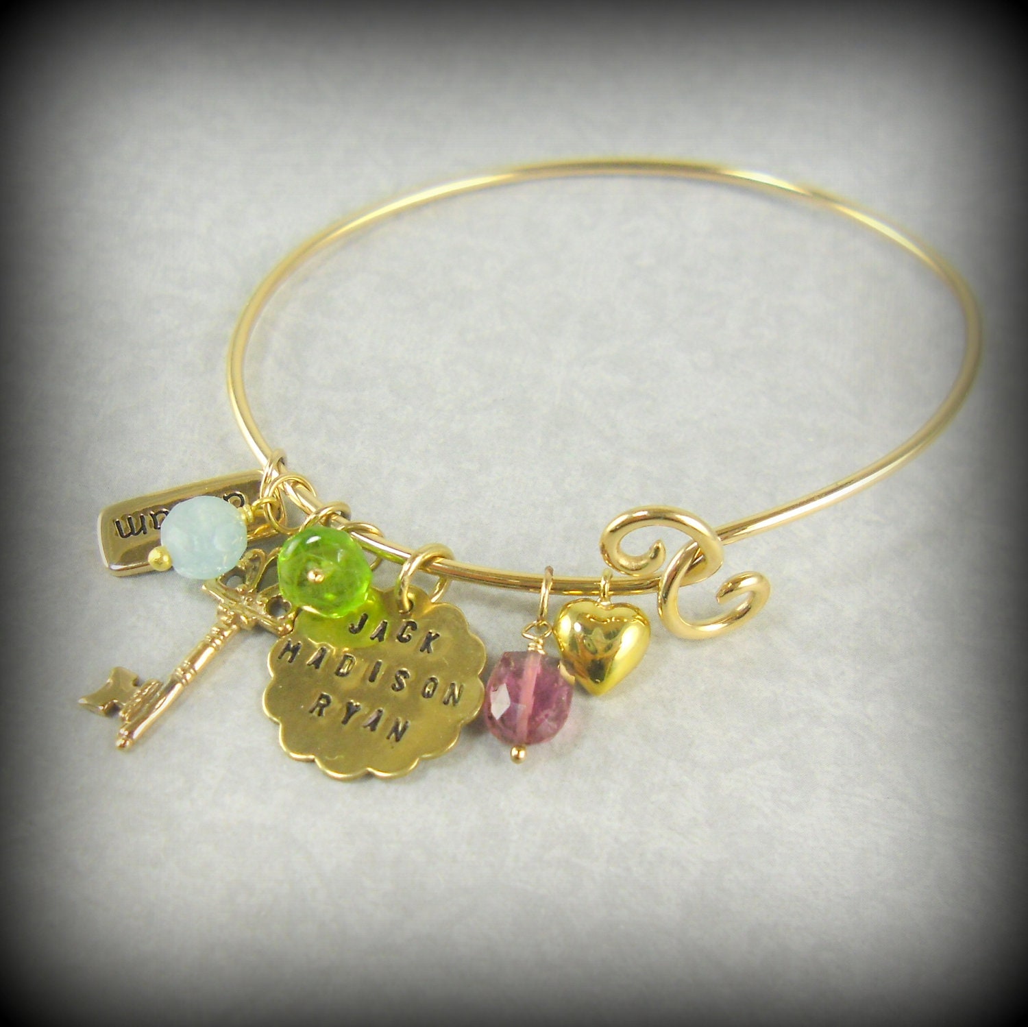Dream Inspirational Charm Bracelet Gift for Mom Personalized Childrens Names Gold Tone Bronze 3 Kids, Key, Heart, Birthstones, B10