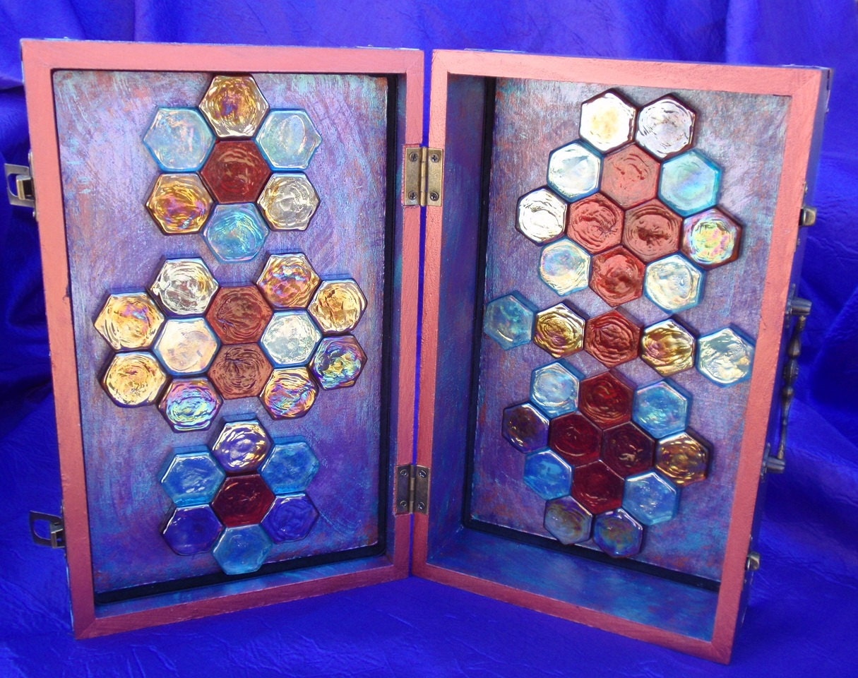 Mysteries of Color and Light, Abstract Mixed Media Shrine Altar Box Sculpture Painted Wood Purple, Blue, Copper With Glass Tiles