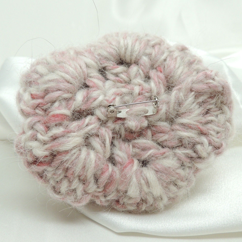 Rose and White Crocheted Rose with Pin Back