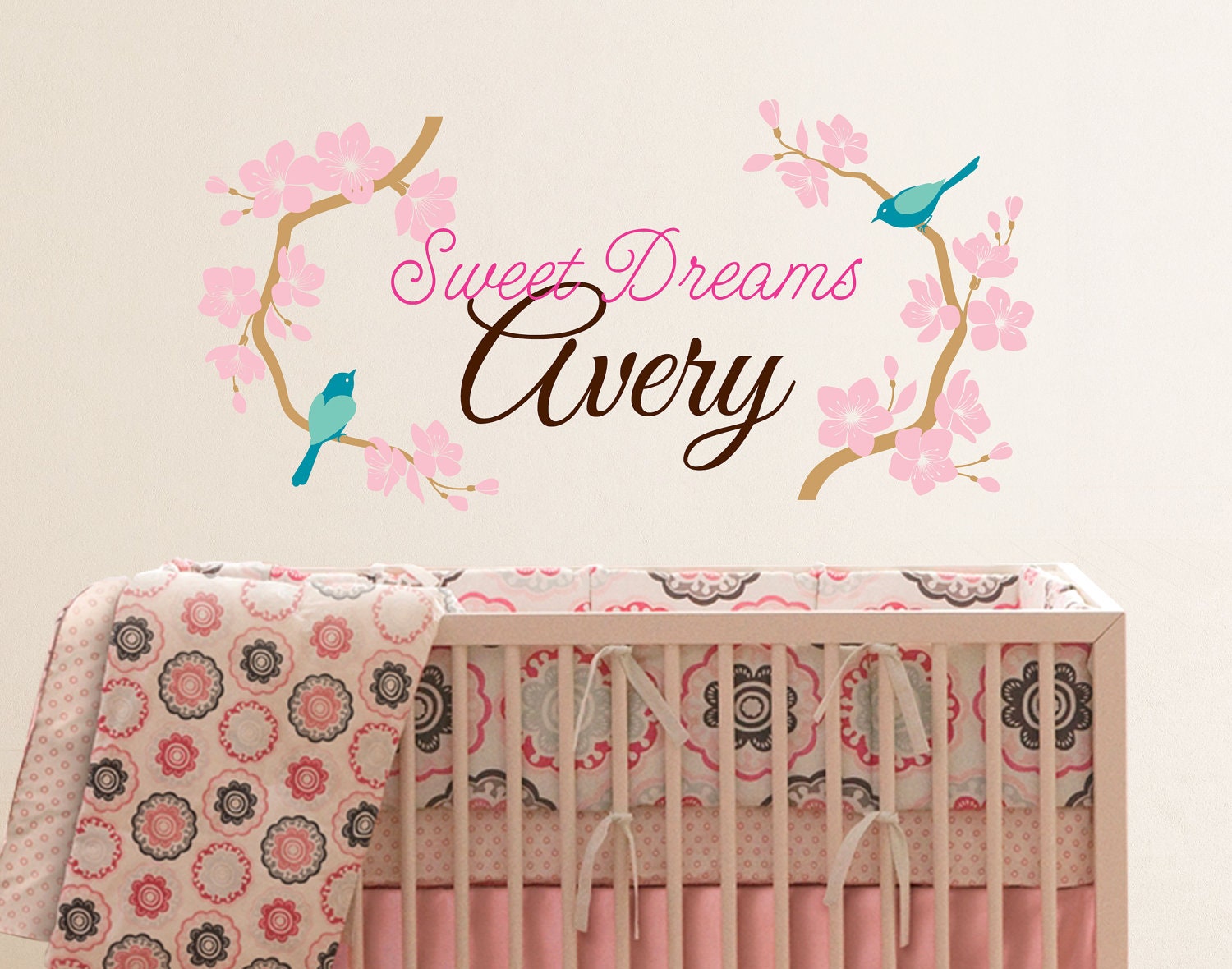Cherry blossom branch with name, Blossom branch with birds, Blossom monogram nursery vinyl wall decal