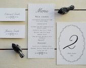 Custom Wedding day paper goods and decorations - Daisy Chain Design. Table number, menu, place card and real flower petal confetti bag.
