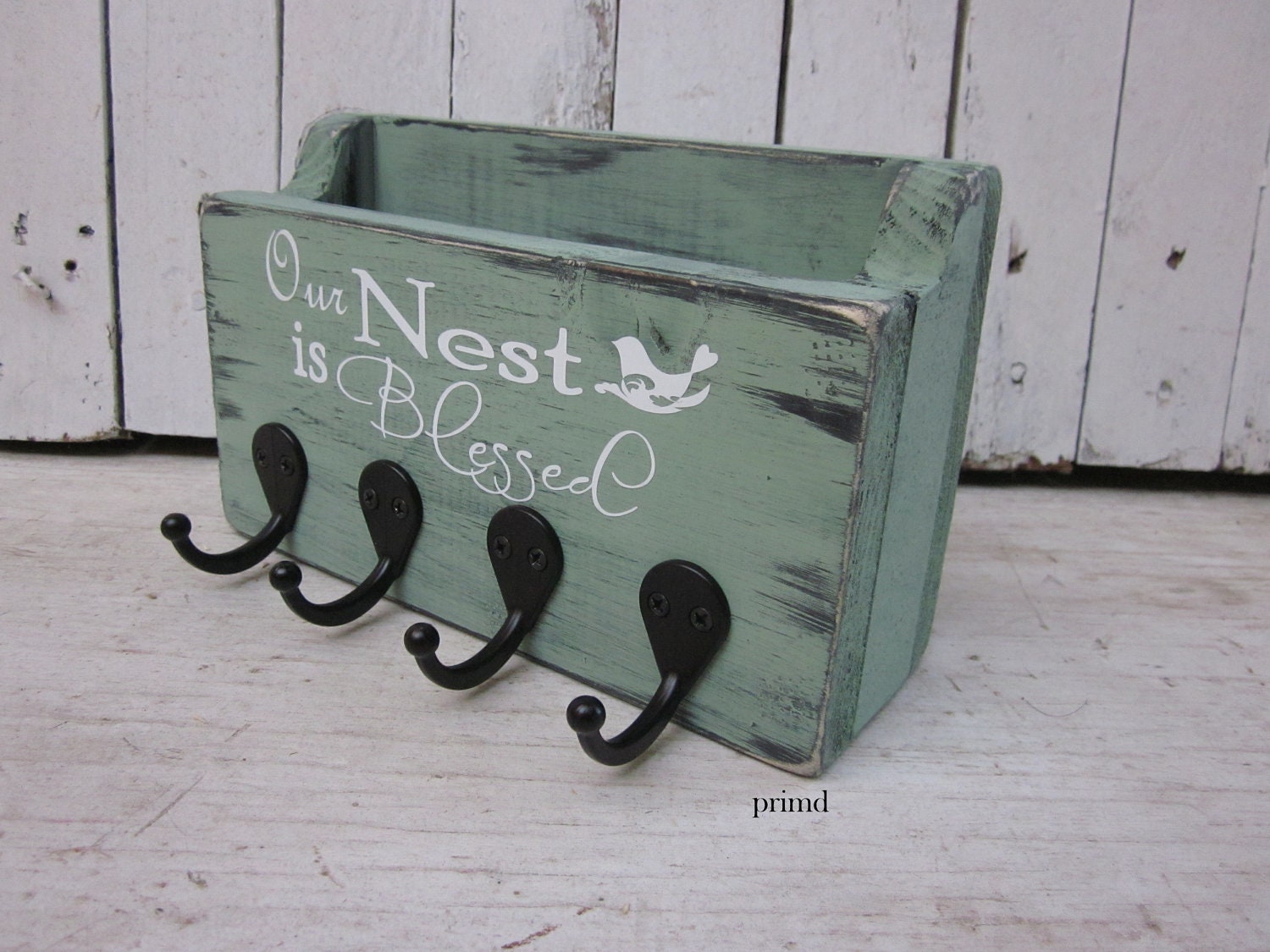 Our Nest Is Blessed - Mail Holder, Key Holder, Key Hanger, Wooden Sign, Home Decor, Wall Hanging-Rustic and Distressed