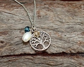 Family Tree Birthstone Necklace, Mothers Necklace- 3 Birthstones