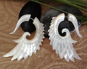 Fake Gauge Earrings, "Glistening Wings" Mother Of Pearl, Hand Carved, Naturally Organic, Tribal