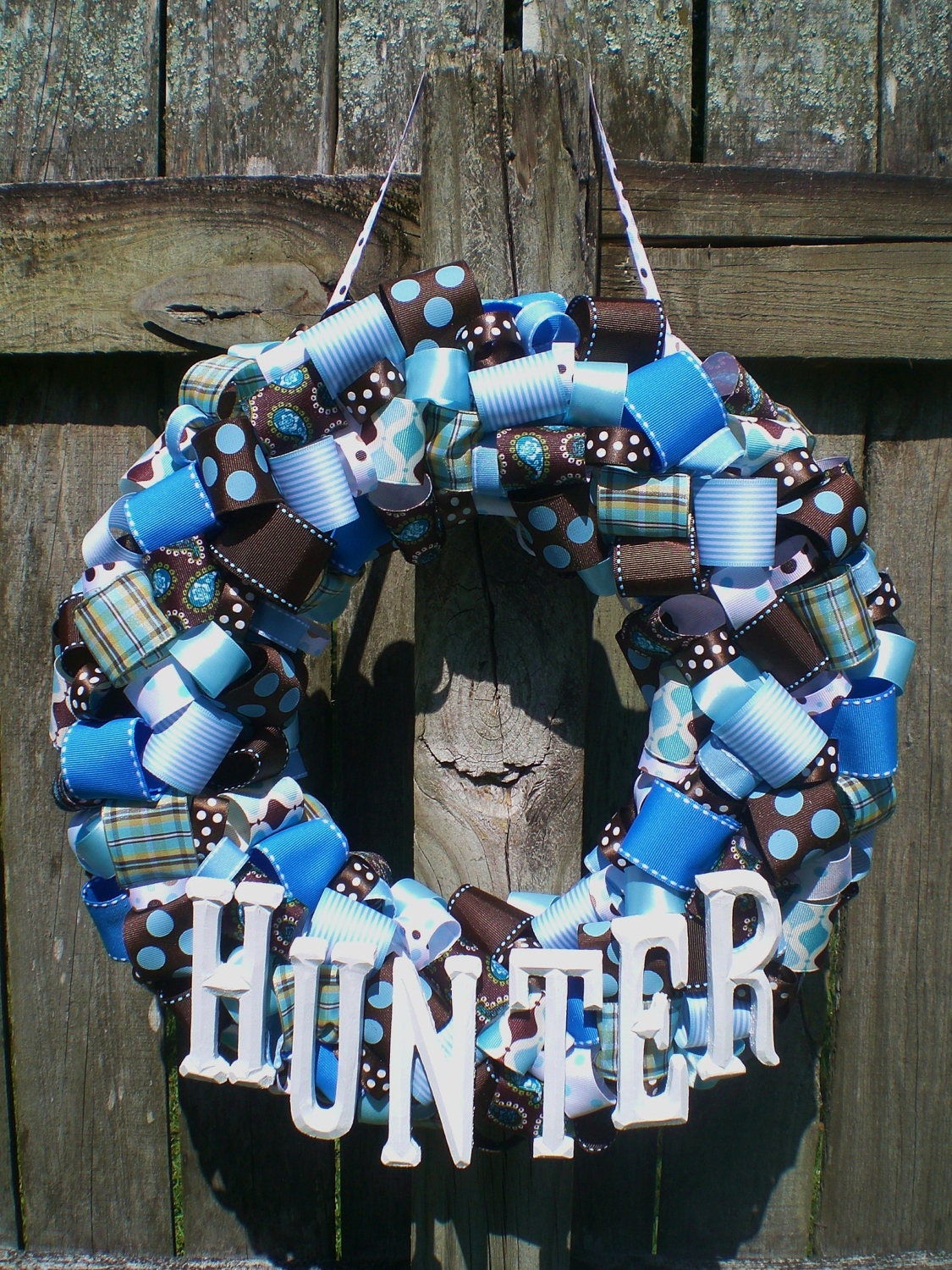 Brown and Blue, It's A Boy, Ribbon Wreath with Wooden Letters for Baby Shower or Nursery