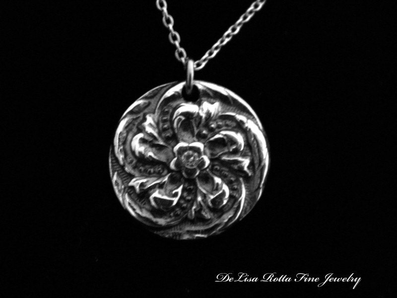 Recycled Silver Antiqued Flower Pendant Necklace Diamond Alternative