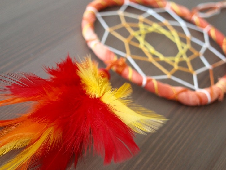 Dream Catcher - Summer Smile - With Yellow, Orange and Red Feathers, Orange Frame and Nett - Home Decor, Mobile