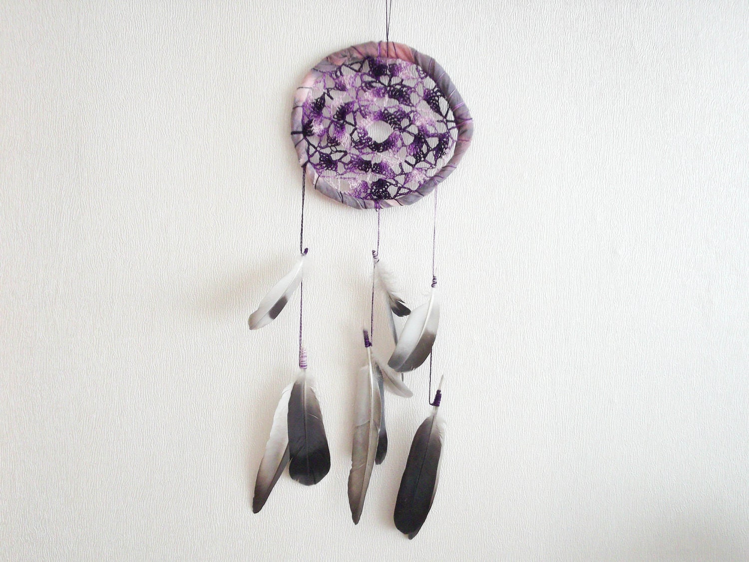 Dream Catcher - Purple  Sunset - With Black and White Pigeon Feathers and Purple Crochet, Mobile, Home Decor