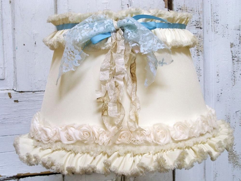 Shabby chic cream muslin lampshade French chic lighting decor tattered ruffle upcycled piece Anita Spero