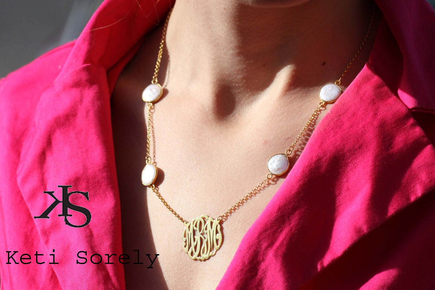 18K Gold Vermeil Initials necklace 1" (Order Any Initials) - Choose from: Amethyst, Turquoise, Pearl, Onyx, Ruby, Emerald, Rose Quartz