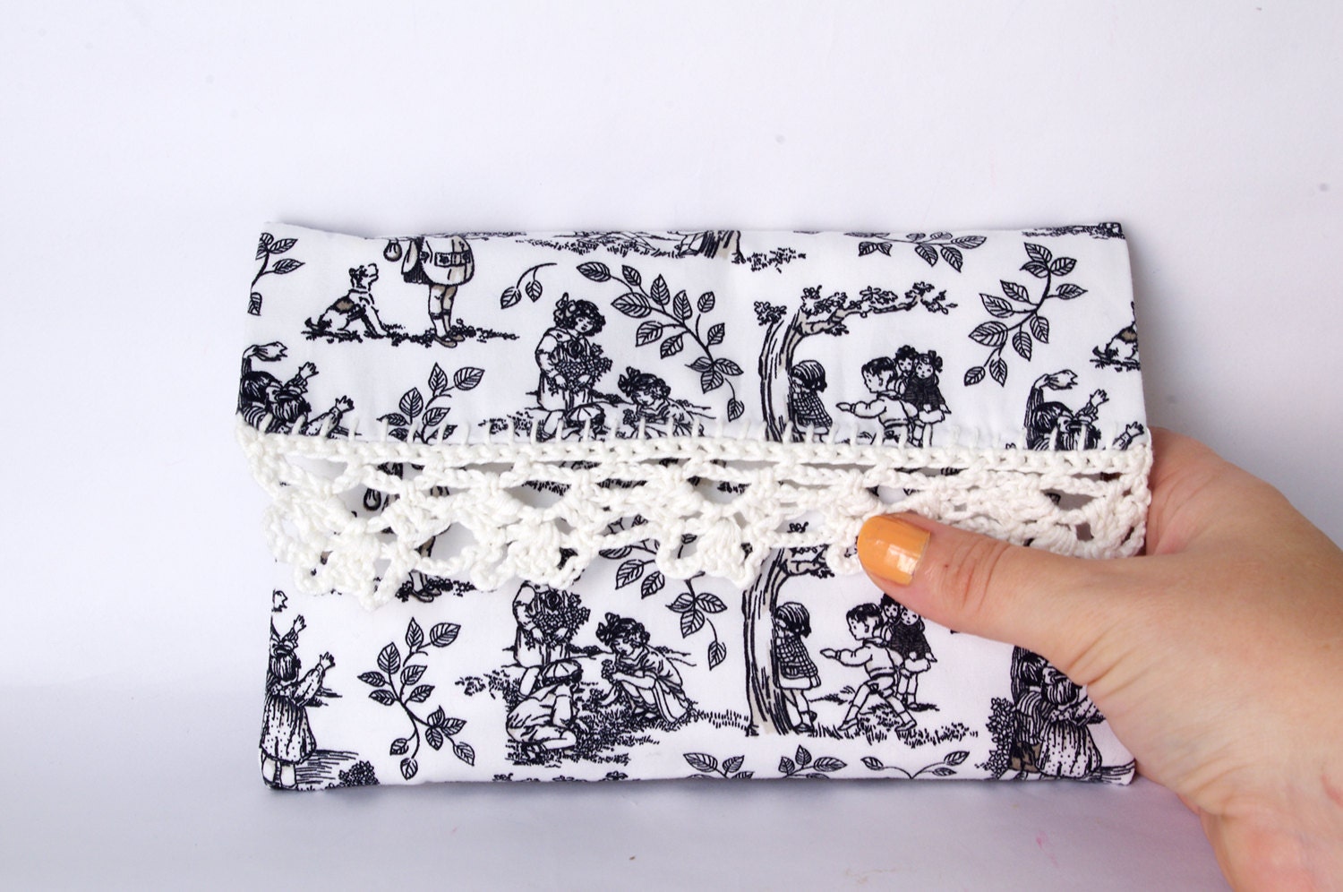 Cosmetic Pouch Black White clutch crochet Lace Bag