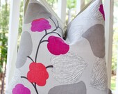 Decorative Pillow - Grey Pink Raspberry Purple Linen Designer Pillow Cover 20 x 20 - Flower Throw Pillow