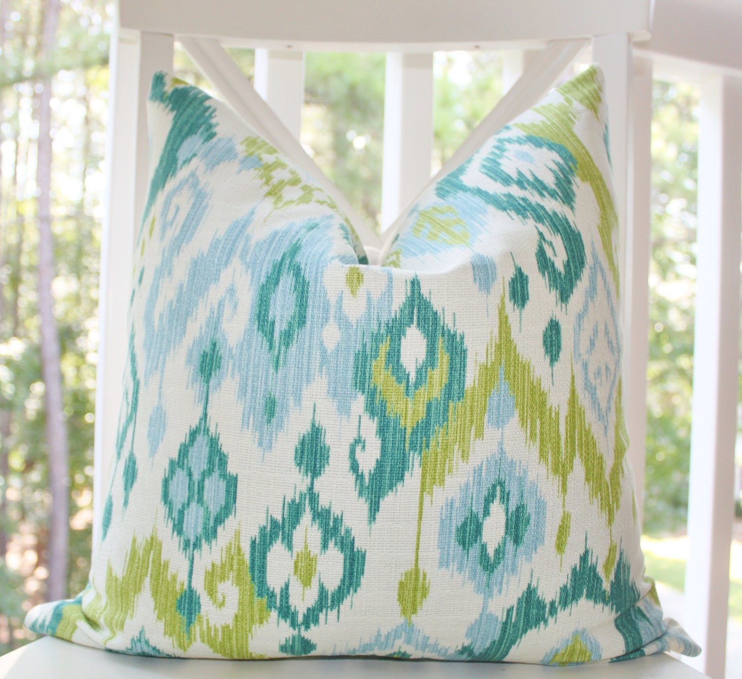 Decorative Pillow Ikat Baby Blue Turquoise Teal Chartreuse Green Ivory Designer Pillow Cover 22 x 22 - Throw Pillow