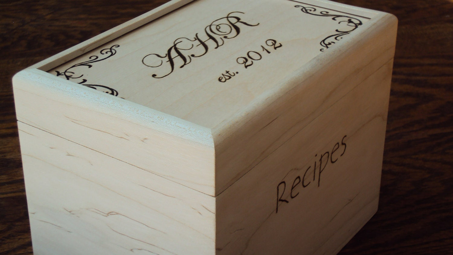 Personalized wood burned maple recipe box, add your name, monogram, or quote to the top of box, bridal or wedding gift