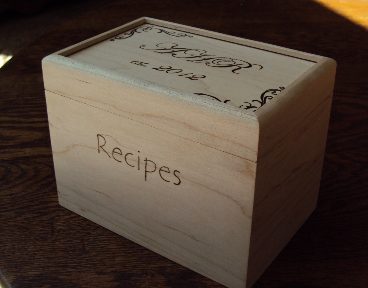 Personalized wood burned maple recipe box, add your name, monogram, or quote to the top of box, bridal or wedding gift