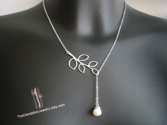 SALE, 10% OFF: Branch and pearl lariat necklace in white gold, branch necklace, pearl necklace, pearl pendant, wedding jewelry, bridesmaid