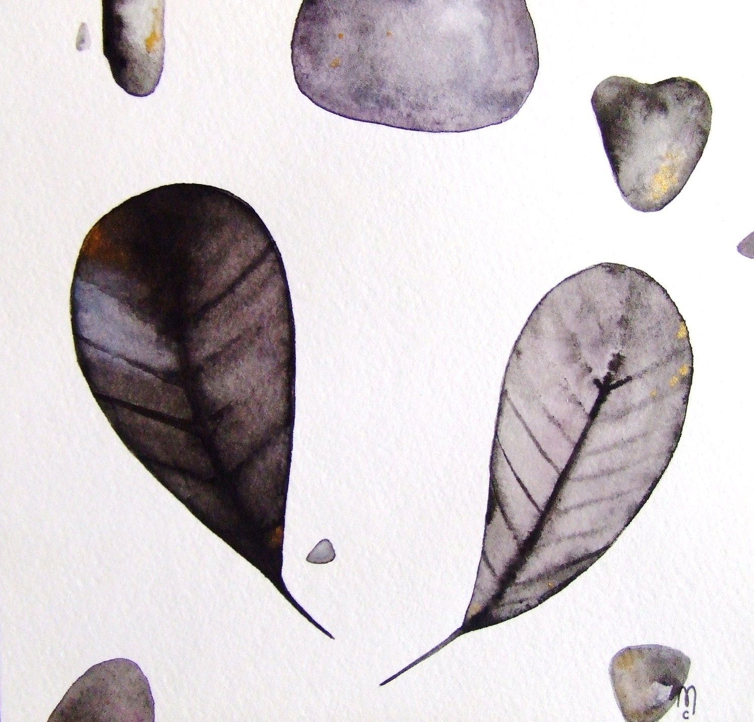 Feathers Stones Pebble Nature Original Painting Watercolor Ink Grey White Black Gold Contemporary Art Drawing Home Leaf Art Still Life