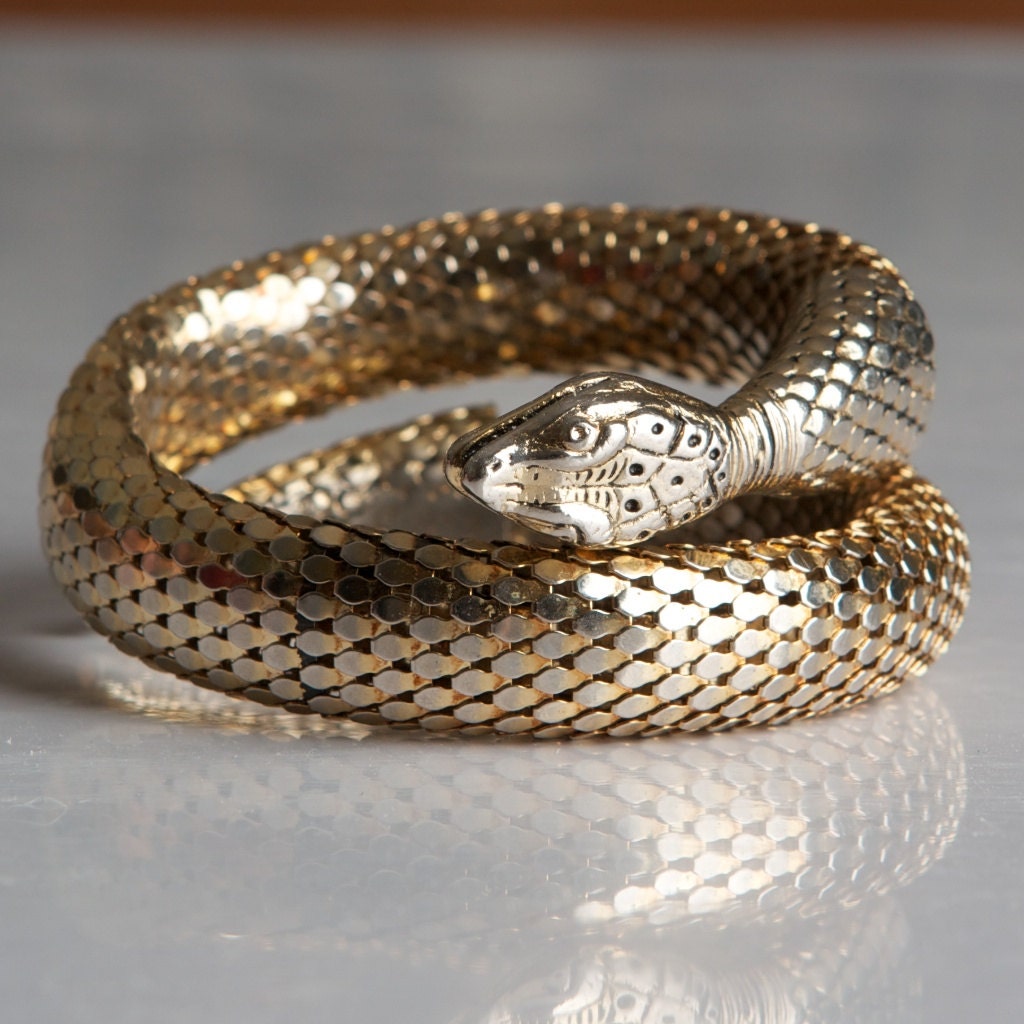 Vintage Whiting & Davis Snake Gold Mesh Two Coil Bracelet