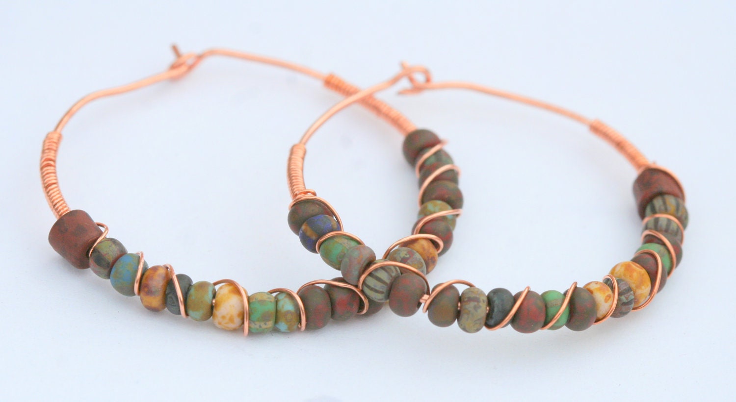 Copper Wire Wrapped Hoop Earrings with Glass Beads - LesleyPridgen