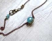 Jadeite Blue round bead necklace Jadeite Blue copper color plated Faceted round Glass Beads necklace on antique copper chain  RC08