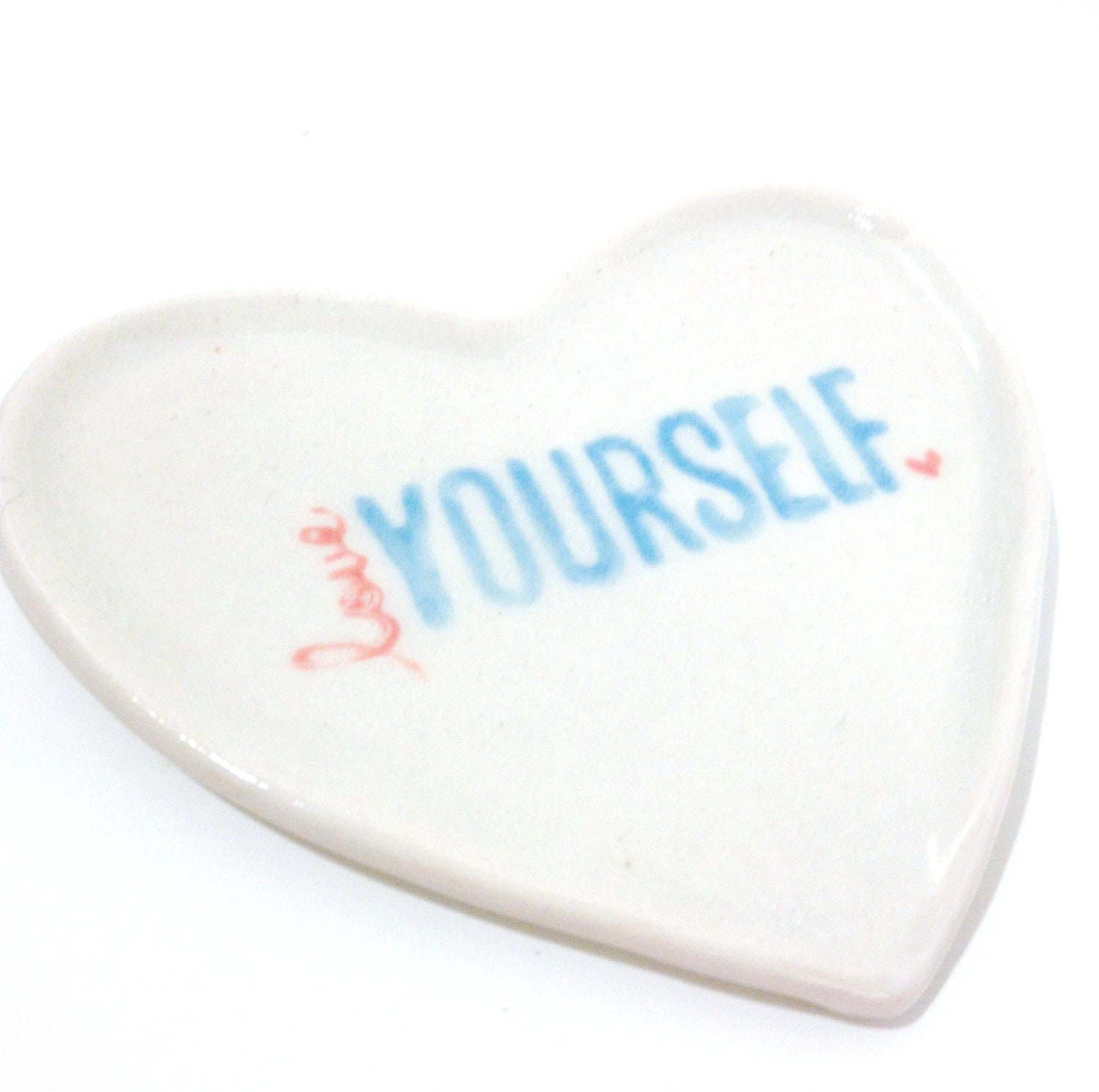 Porcelain Jewelry Heart Dish in White, Blue and Pink with Writing "Love Yourself" READY TO SHIP