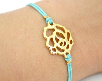 Turquoise rose Bracelet, cord bracelet with gold rose charm, turquoise cord, elegant women's bracelet, customized stack bracelet, teal