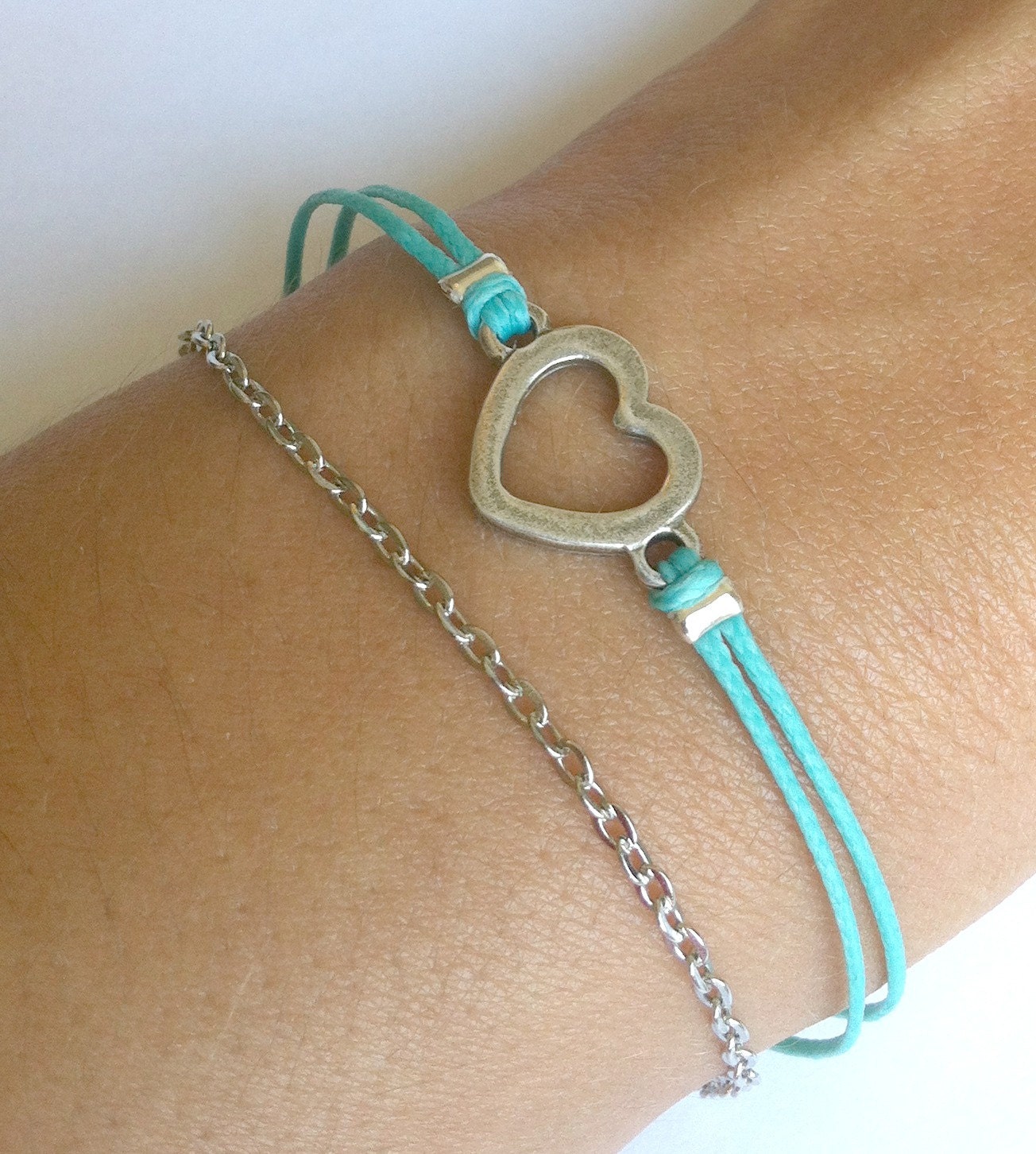 Heart charm cord bracelet with a silver heart charm, chain and a  turquoise cord. bridesmaids gifts, gift for her, minimalist jewelry, teal