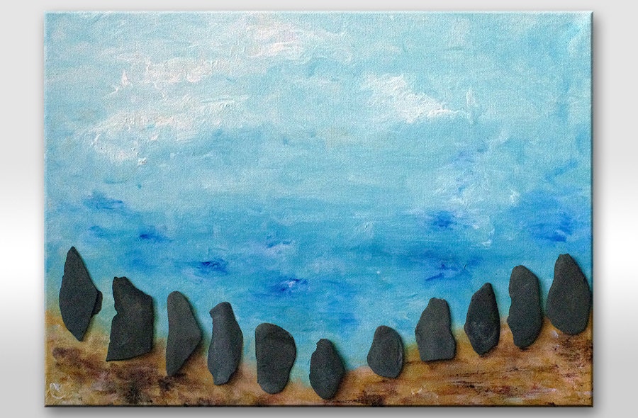 Mixed Media painting Handmade home decor blue sea original decorative art on canvas with beach rocks Modern abstract water aqua nature 12x16