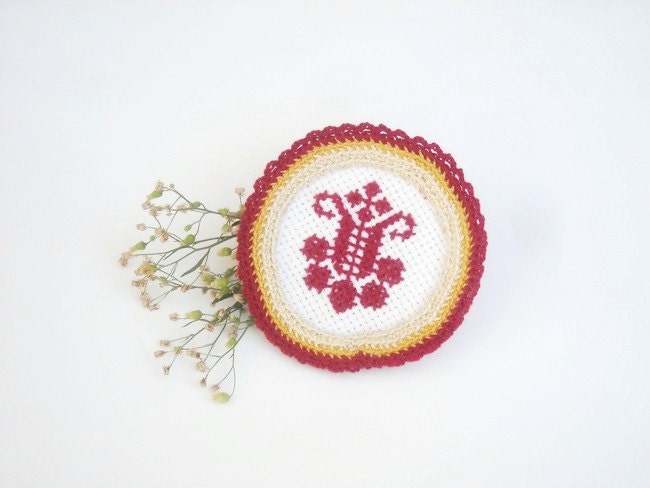 Textile jewelry, cross stitch hand-embroidered and crochet brooch,Valentine's day, embroidery motifs