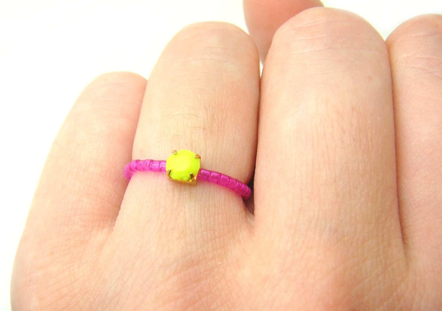 Fuchsia Beaded RING w/ Neon Yellow Rhinestone - Friendship Ring